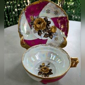 Gorgeous Handpainted Pink & Irredescent Vtg Japanese Teacup & Saucer W/ Roses